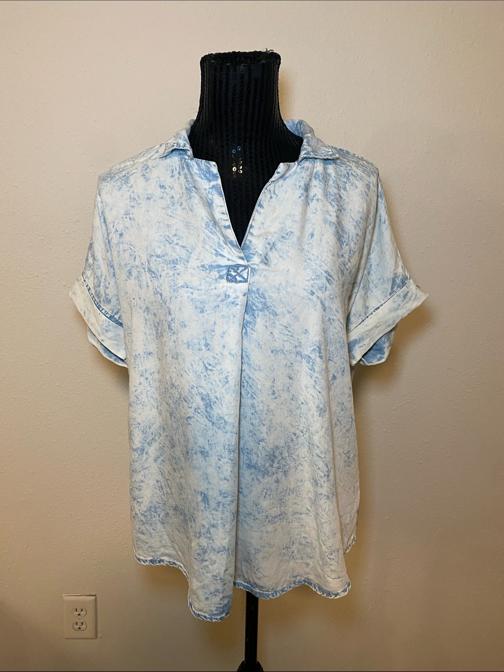Marble-Print Short Sleeve Tunic Light Blue